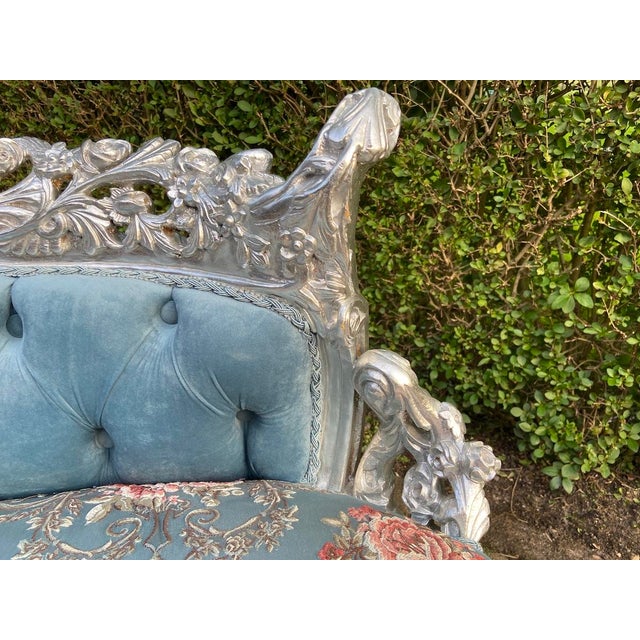 Wood 1970s French Louis XVI Blue Silver Beech Settee 1 Pc For Sale - Image 7 of 15