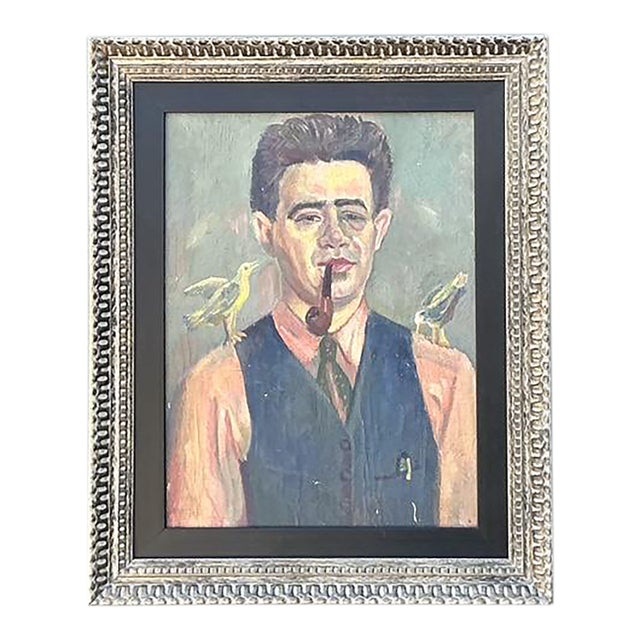 Vintage Original Oil Portrait of Man With Birds For Sale
