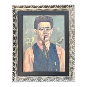 Vintage Original Oil Portrait of Man With Birds