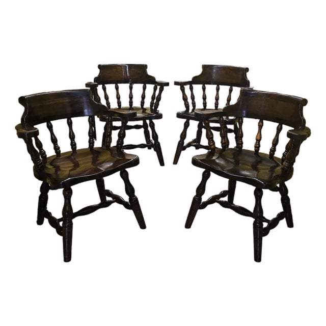 Mid 20th Century Set of 4 Vintage Windsor Style Wooden Captain’s Armchairs For Sale