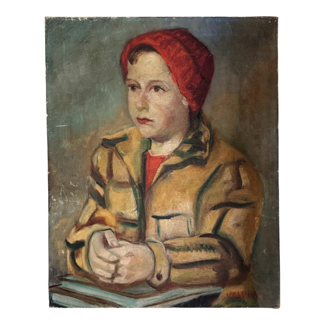 1950s Midcentury Vintage Portrait of a Young Boy- Oil on Canvas- 16 X 20” For Sale