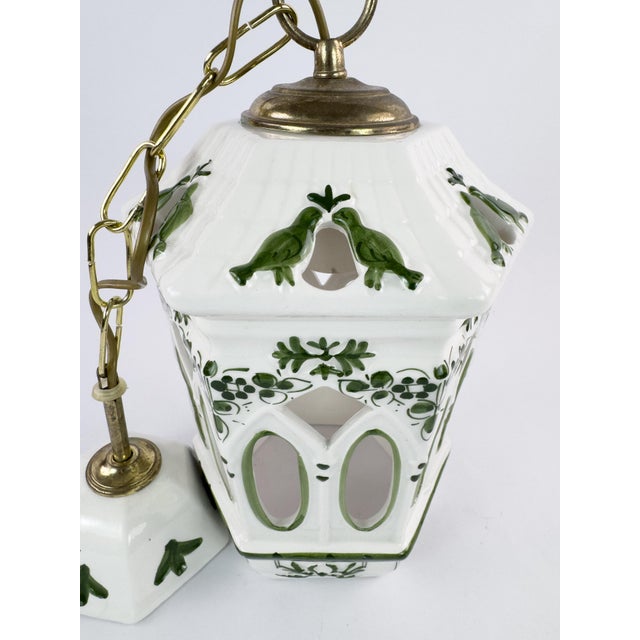 Vintage French Ceramic Pendant Light With Hand-Painted Green Birds For Sale - Image 6 of 18