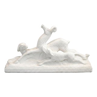 Art Deco Ceramic Deer and Dog Sculpture from ODYV, France, 1930s For Sale