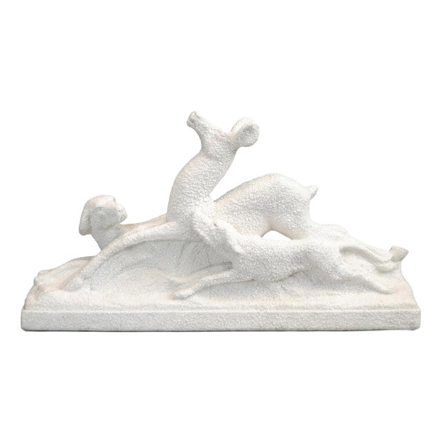 Art Deco Ceramic Deer and Dog Sculpture from ODYV, France, 1930s For Sale
