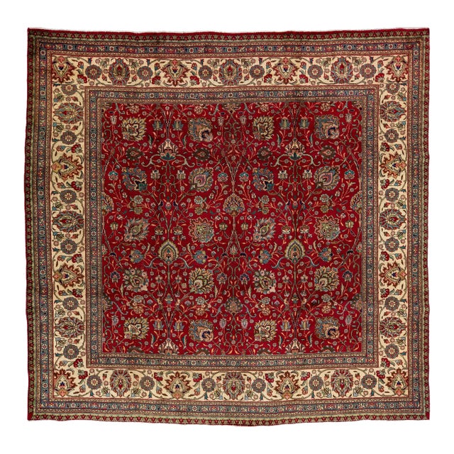 1960s Vintage Tabriz Square Wool Rug With Floral Motif For Sale