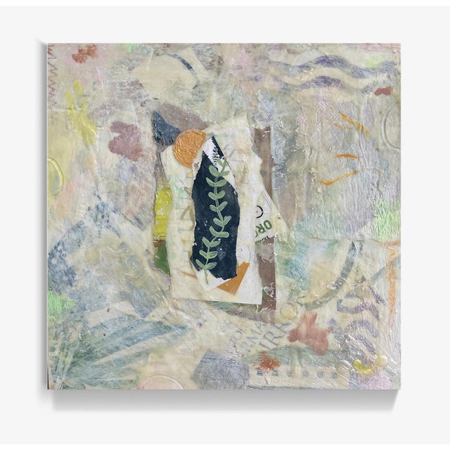 Layered encaustic collage gives dimension and excitement when you look around this modern artwork for hours finding new...