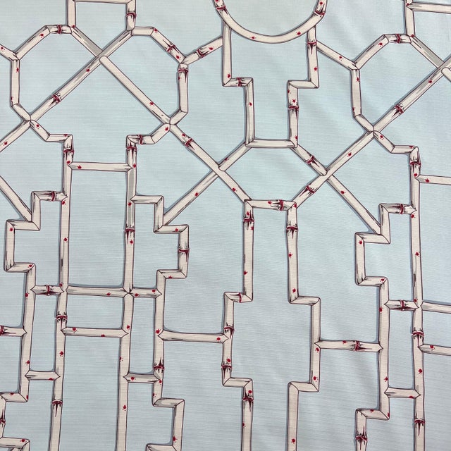 This is a 10 yard roll of the iconic Scalamandre print “Baldwin bamboo outdoor print” in the cream and red on aqua...