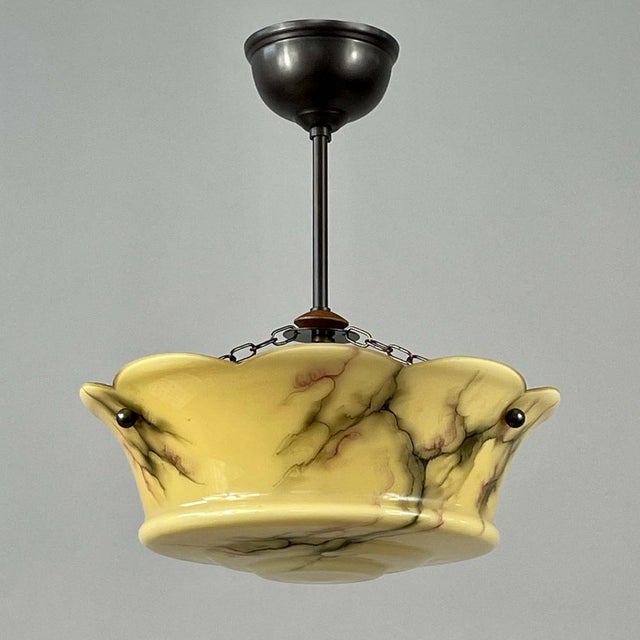 Art Deco Marbled Opaline & Brass Semi Flush Mount, Sweden, 1930s For Sale - Image 14 of 16