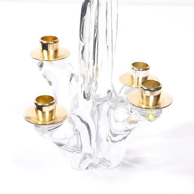 Metal Pair of Mid-Century Crystal & Brass Amorphic 4 Arm Candelabra Signed Schneider For Sale - Image 7 of 13