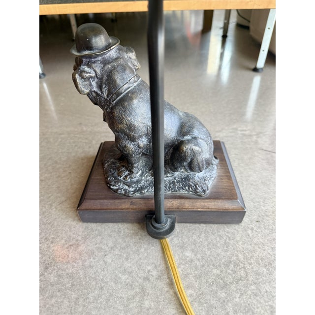 Bronze Vintage Mario Buatta Frederick Cooper Bronze Bulldog Lamp Original Green Shade For Sale - Image 8 of 16