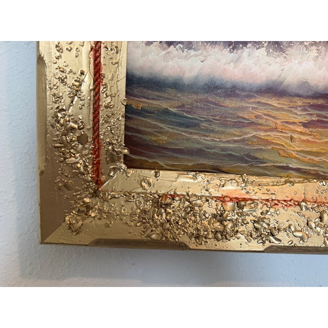Vintage Oil Painting Lighthouse Sunset Seascape Coastal Art Unique Shell Decor For Sale In Jacksonville, FL - Image 6 of 11