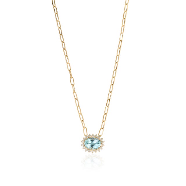 Metal Authentic 10.32ct Aquamarine 1.95ct Diamond Halo Pendant Necklace in 14k Yellow Gold For Sale - Image 7 of 16