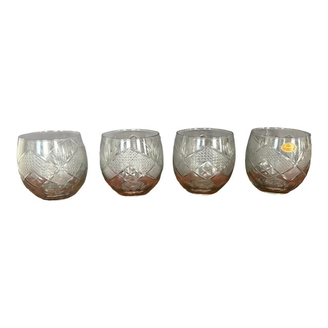 Vintage Czech Bohemia Hand Cut Crystal Stemless Cordial Cocktail Glasses- Set of Four For Sale