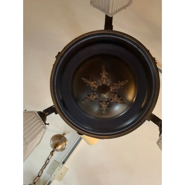 1920s Circa 1920’s Dark Brozed Patina Chandelier With Ribbed Glass Shades For Sale - Image 5 of 5