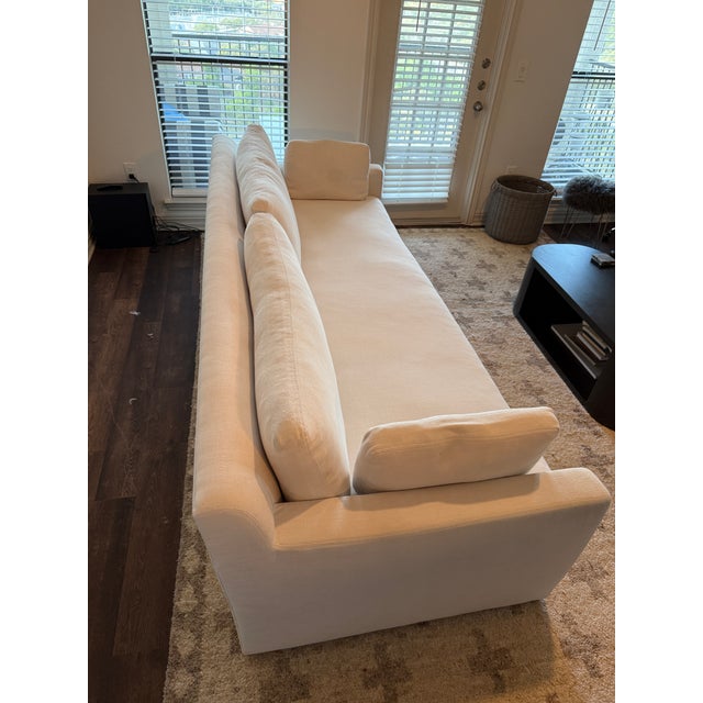 Linen Restoration Hardware 9' Belgian Track Arm Bench-Cushion Sofa in Perennials Performance Linen For Sale - Image 8 of 8