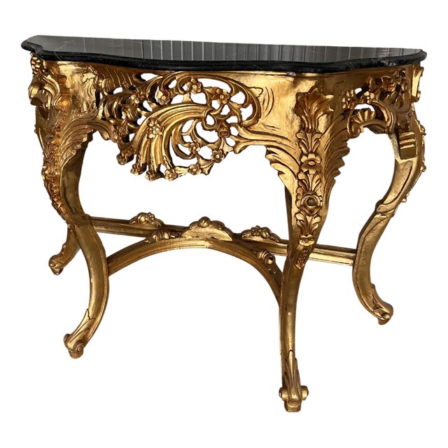Rococo Gold Console with Black Marble, 1920s For Sale