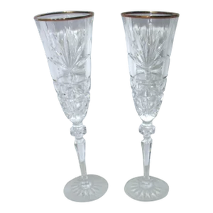 1970s Vintage Pair of Ornate Lead Crystal Heavy Cut Champagne Flutes