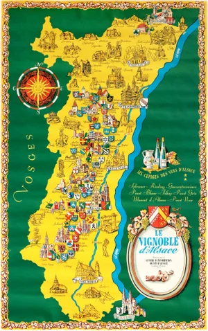 1960s French Wine Map Poster - Le Vignoble d'Alsace (The Vineyards of Alsace)