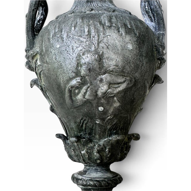 Art Nouveau Antique French Art Nouveau Neoclassical Spelter Urn With Cherub & Maiden Relief, Paris For Sale - Image 3 of 8