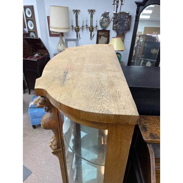 Antique Tiger Oak, Lighted Curio Cabinet, Four Glass Shelves, Hand Carved, Glass Door For Sale - Image 12 of 13