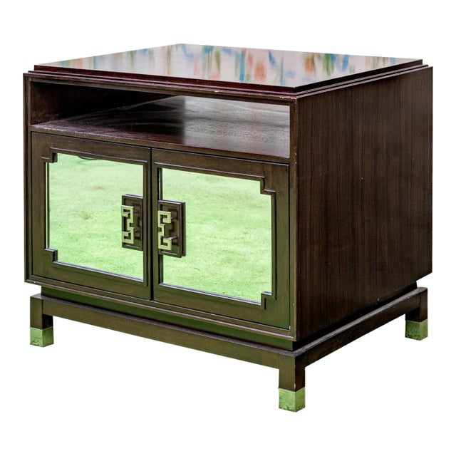 Vintage Post-Modern Chinese Mirrored Accent Cabinet With Fret Detail For Sale