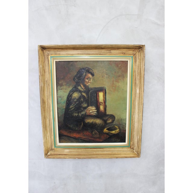 European Artist, Street Musician with Accordion, 1969, Oil on Canvas, Framed For Sale - Image 6 of 10