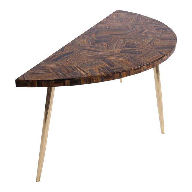 Golden Tiger Eye Coffee Table With Semi Precious Stone Top & Brass Finish Metal Legs For Sale