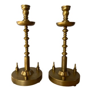 1930s Machine Age Modernist Hand Made Lathe Turned Brass Candlesticks - a Pair For Sale