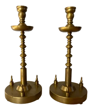 1930s Machine Age Modernist Hand Made Lathe Turned Brass Candlesticks - a Pair