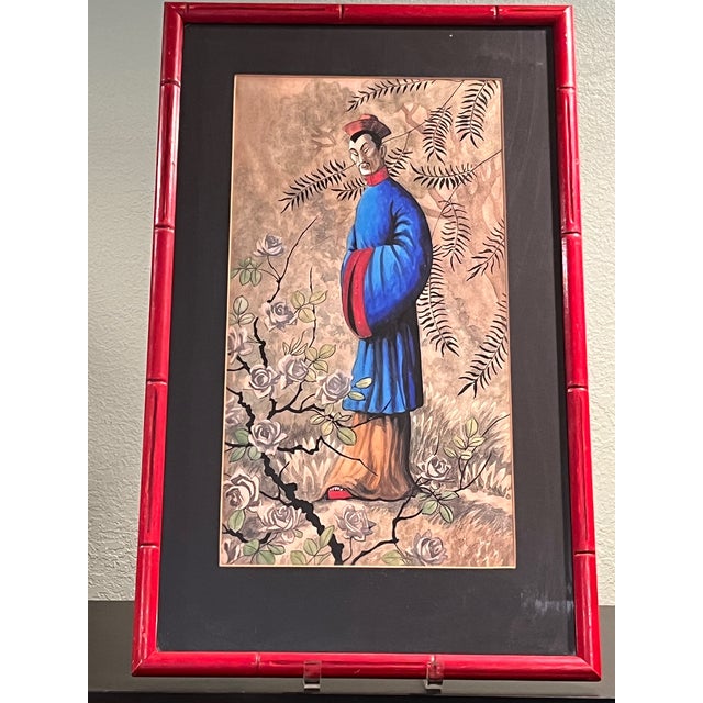 Striking pair of mid-century Chinoiserie framed art prints signed by D. Voaguest at the lower right margin (one visible,...