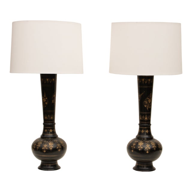 1950s Tall Brass Persian Table Lamps With New Silk Shades, a Pair For Sale