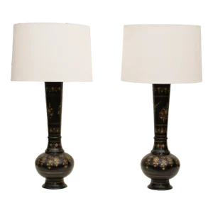1950s Tall Brass Persian Table Lamps With New Silk Shades, a Pair