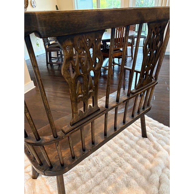 Wood Vintage Stick Back Windsor Bench For Sale - Image 7 of 7