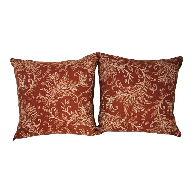 Pair of Linen & Rayon Orange With Beige Leaf Design Feather Throw Pillows For Sale