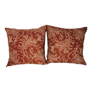 Pair of Linen & Rayon Orange With Beige Leaf Design Feather Throw Pillows