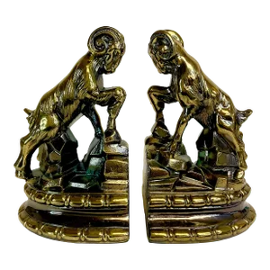 1974 Arts & Crafts Rustic Big Horn Sheep Metal Bookends - A Pair