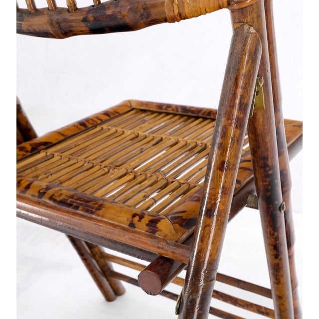 Burnt Bamboo Vintage Folding Cafe Occasional Table w/ Two Matching Chairs Set For Sale - Image 9 of 16