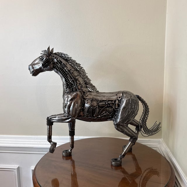 Metal Vintage Industrial Recycled Metal Horse Sculpture Signed For Sale - Image 7 of 11