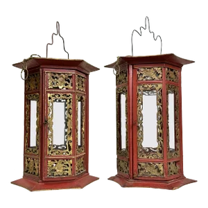 Pair of Asian Hand Carved Wooden Lanterns