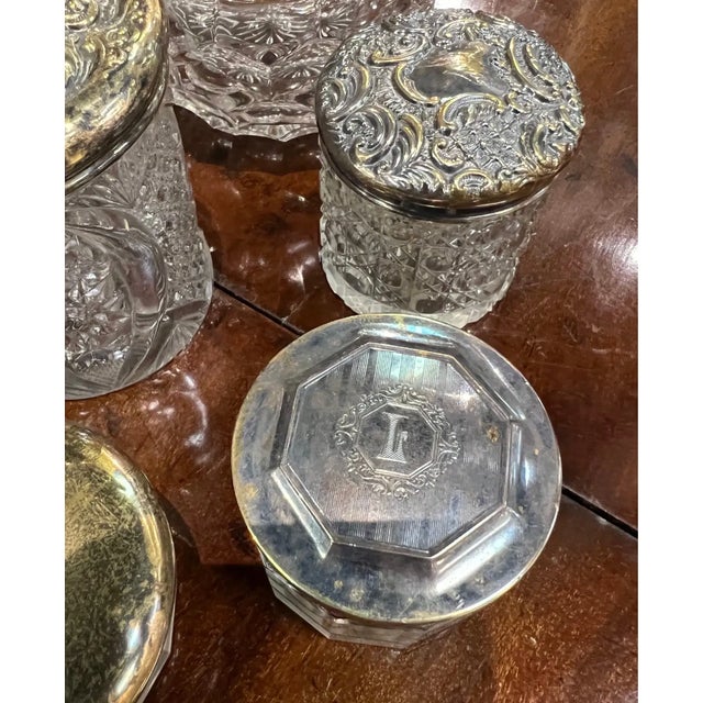 19th Century 19th Century Grouping of 8 Cut Glass Jars With Sterling and Brass Lids For Sale - Image 5 of 13
