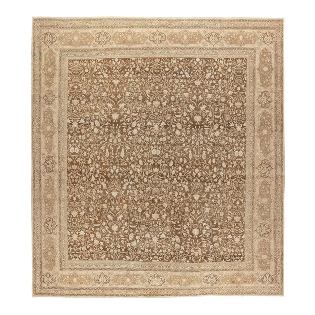 Early 20th Century Large Square Brown Persian Tabriz Rug - 13' x 14'4" For Sale