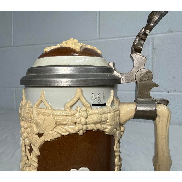 Antique 1800's German Mettlach Villeroy Boch Pottery Pewter Lidded Beer Stein For Sale In New York - Image 6 of 14