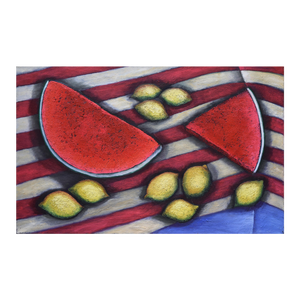 Vintage Patriotic Modernist Summer Still Life Painting With Watermelon, Lemons, and American Flag