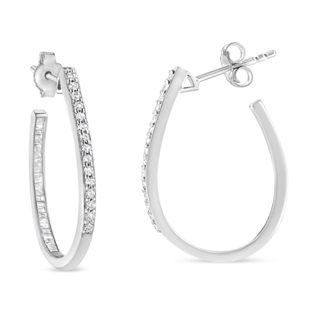 These chic silver hoops are elegantly designed with an inside-outside embellishment of round and baguette cut diamonds...
