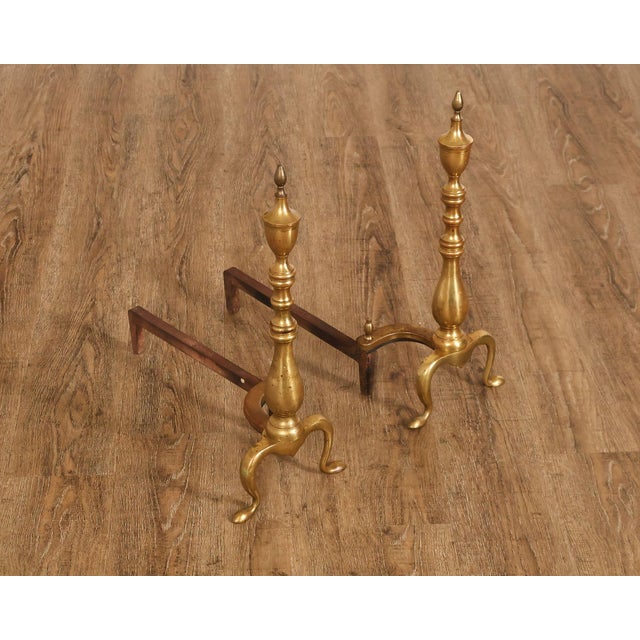 High Quality American Made Vintage Pair of Traditional Brass Andirons With Urn Finials