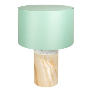 Stories of Italy Carrara Marble & Onyx Pillar Lamp with Seafoam Green Lampshade For Sale