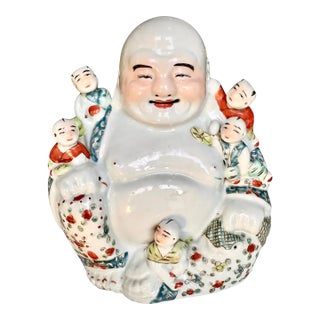 Antique Qing Chinese Famille Rose Porcelain Statue Laughing Buddha For Sale