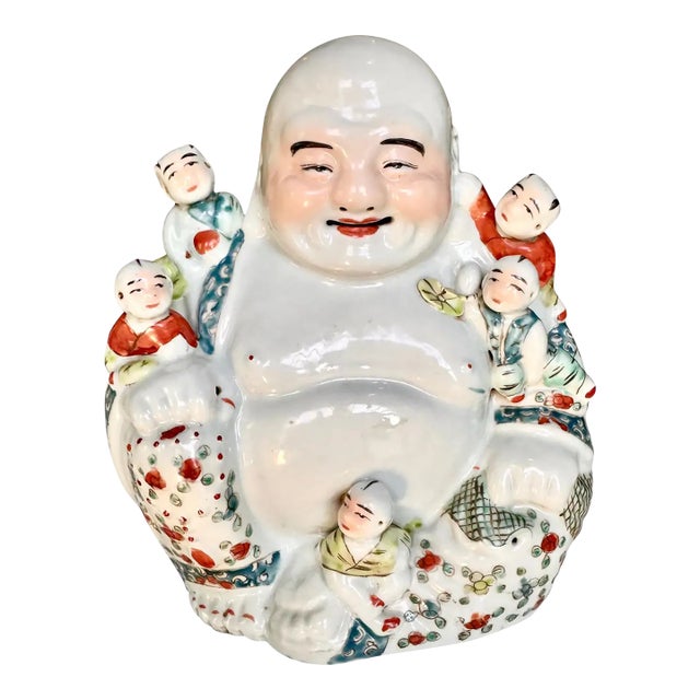 Antique Qing Chinese Famille Rose Porcelain Statue Laughing Buddha For Sale