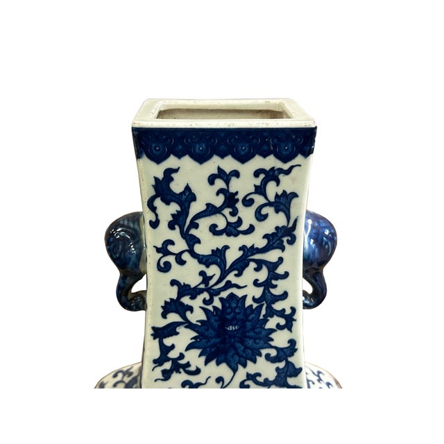 Oriental Blue White Heart Shape Flat Floral Elephant Ring Porcelain Vase For Sale - Image 9 of 12
