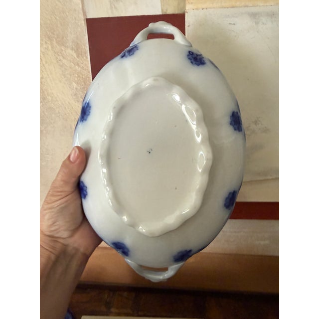 Antique English Flow Blue Covered Tureen | Staffordshire Serving Dish | Attributed Adams & Son | Victorian Transferware For Sale - Image 12 of 12